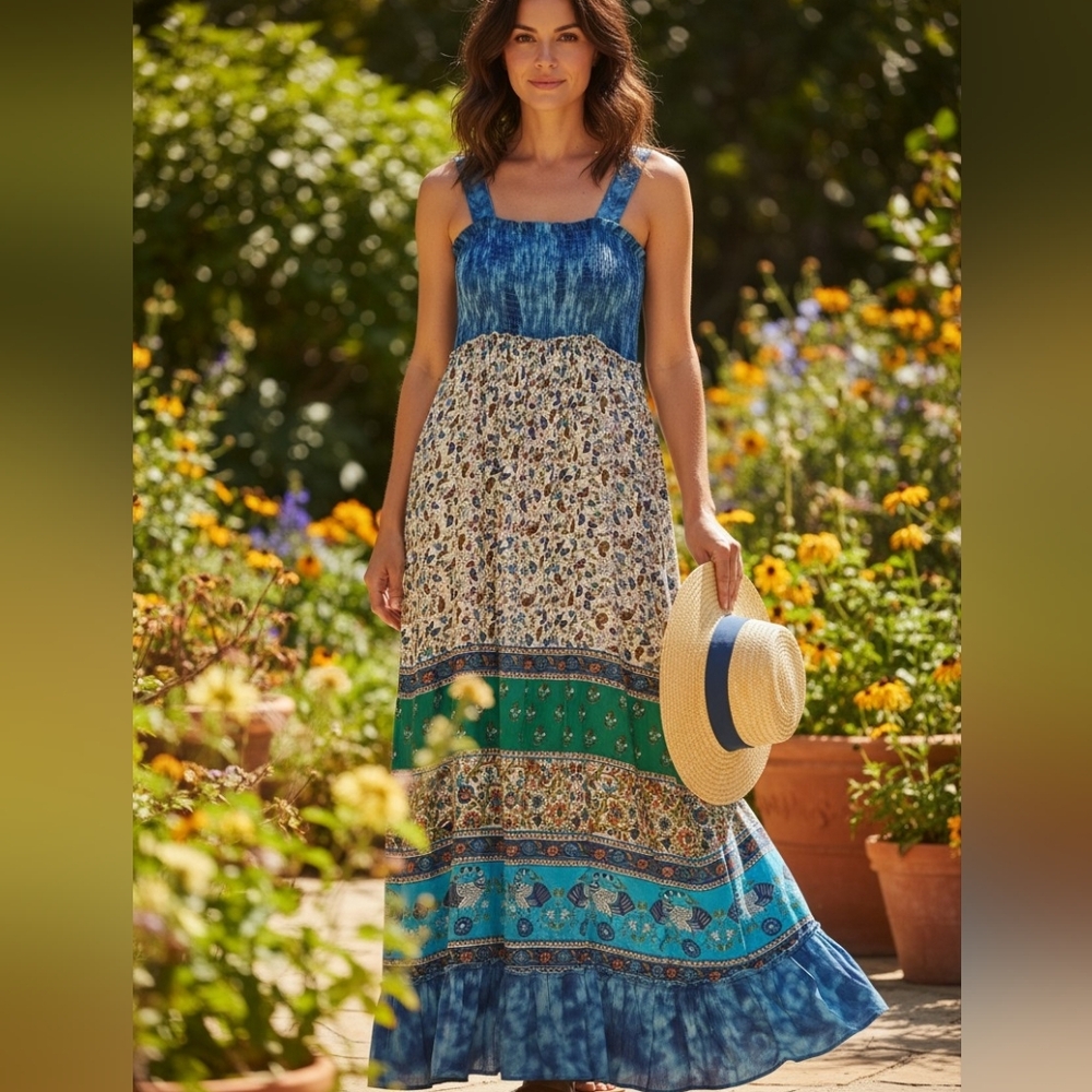 Blue Patterned Boho Maxi Dress - Women Sz M NWT